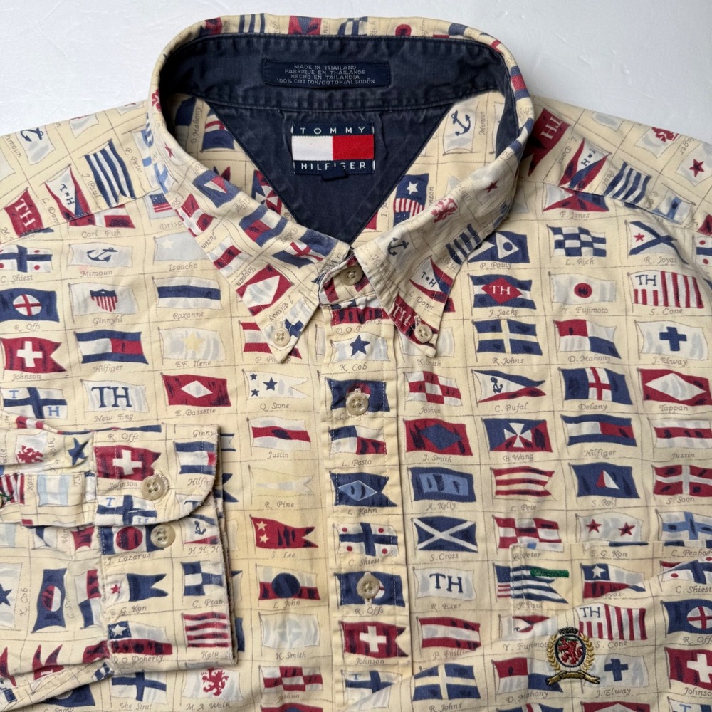 Vintage Tommy Hilfiger Nautical Flag Shirt Mens XL Cream Long Sleeve Button Down